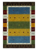 Tribal Gabbeh Green, Gold, Blue, Maroon and Ivory Stripes design Traditional Wool Area Rug