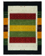 Tribal Gabbeh Green, Gold, Ivory, Maroon and Black Stripes design Traditional Hand loom Wool Area Rug