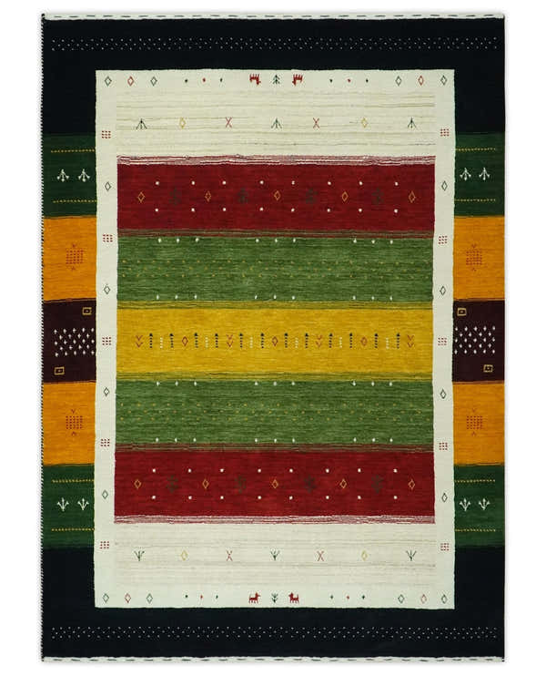 Tribal Gabbeh Green, Gold, Ivory, Maroon and Black Stripes design Traditional Hand loom Wool Area Rug