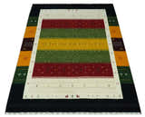 Tribal Gabbeh Green, Gold, Ivory, Maroon and Black Stripes design Traditional Hand loom Wool Area Rug