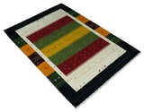 Tribal Gabbeh Green, Gold, Ivory, Maroon and Black Stripes design Traditional Hand loom Wool Area Rug