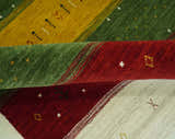 Tribal Gabbeh Green, Gold, Ivory, Maroon and Black Stripes design Traditional Hand loom Wool Area Rug