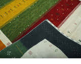 Tribal Gabbeh Green, Gold, Ivory, Maroon and Black Stripes design Traditional Hand loom Wool Area Rug