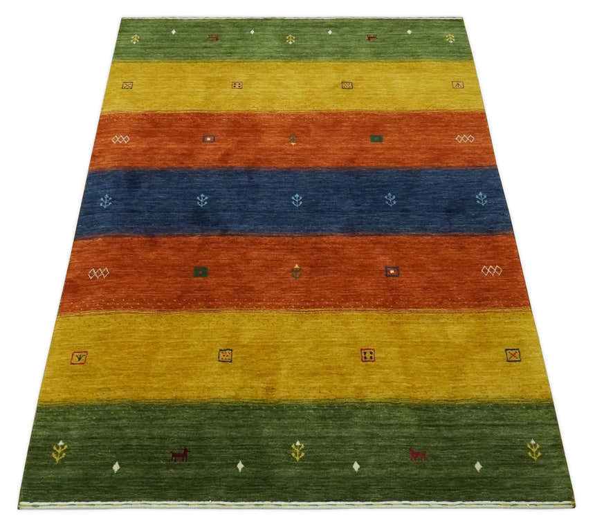 Tribal Gabbeh Green, Gold, Rust and Blue Stripes Design Multi Size Wool area Rug