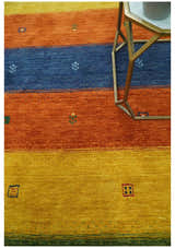 Tribal Gabbeh Green, Gold, Rust and Blue Stripes Design Multi Size Wool area Rug