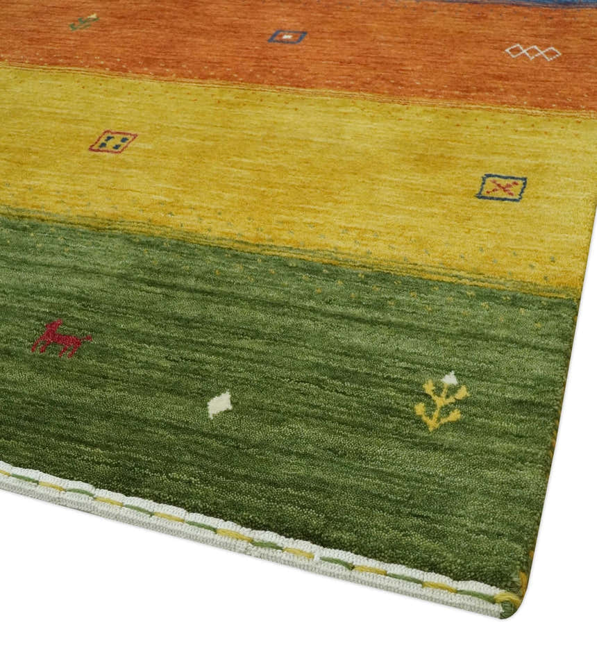 Tribal Gabbeh Green, Gold, Rust and Blue Stripes Design Multi Size Wool area Rug