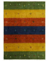 Tribal Gabbeh Green, Gold, Rust and Blue Stripes Design Multi Size Wool area Rug