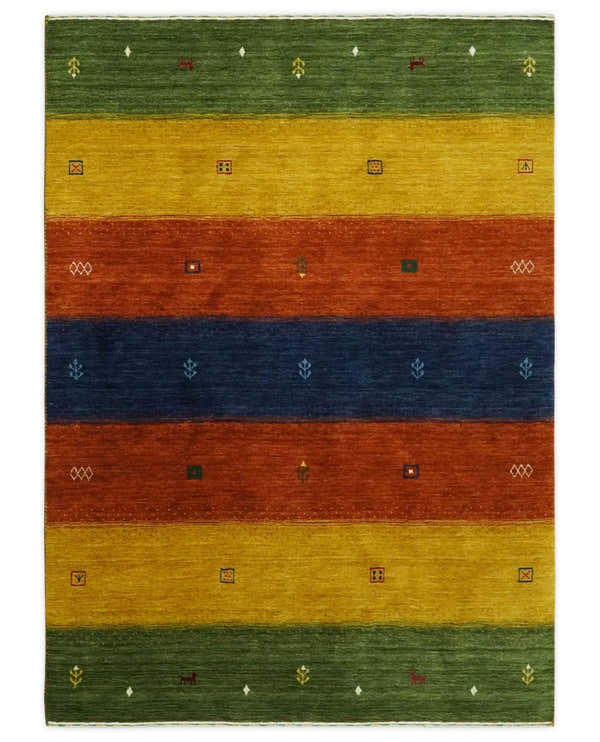 Tribal Gabbeh Green, Gold, Rust and Blue Stripes Design Multi Size Wool area Rug