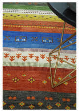 Tribal Gabbeh Green, Rust, Blue and Gold Hand knotted Antique Style Traditional Wool Area Rug