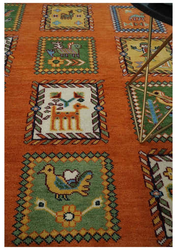Tribal Gabbeh Rust, Ivory, Green and Beige Hand knotted Multi Size Antique Look Traditional Wool Area Rug