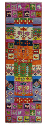 Tribal Gabbeh Rust, Ivory, Green and Pink Hand knotted Antique Look Traditional Wool Area Rug