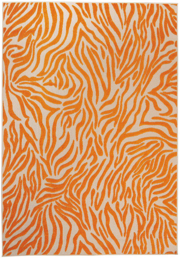 Close-up of the Nourison Aloha Orange area rug featuring a burnt orange zebra-like pattern on a neutral background.