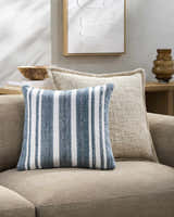 Rivane Blue and Off White Woven Stripe Cottage Farmhouse Recycled PET Outdoor Accent Pillow - Clearance