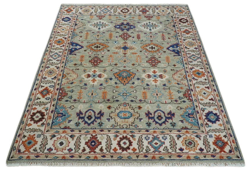 Turkish Knot Antique Green and Ivory Traditional Hand knotted Wool Rug