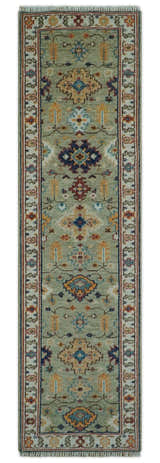 Turkish Knot Antique Green and Ivory Traditional Hand knotted Wool Rug