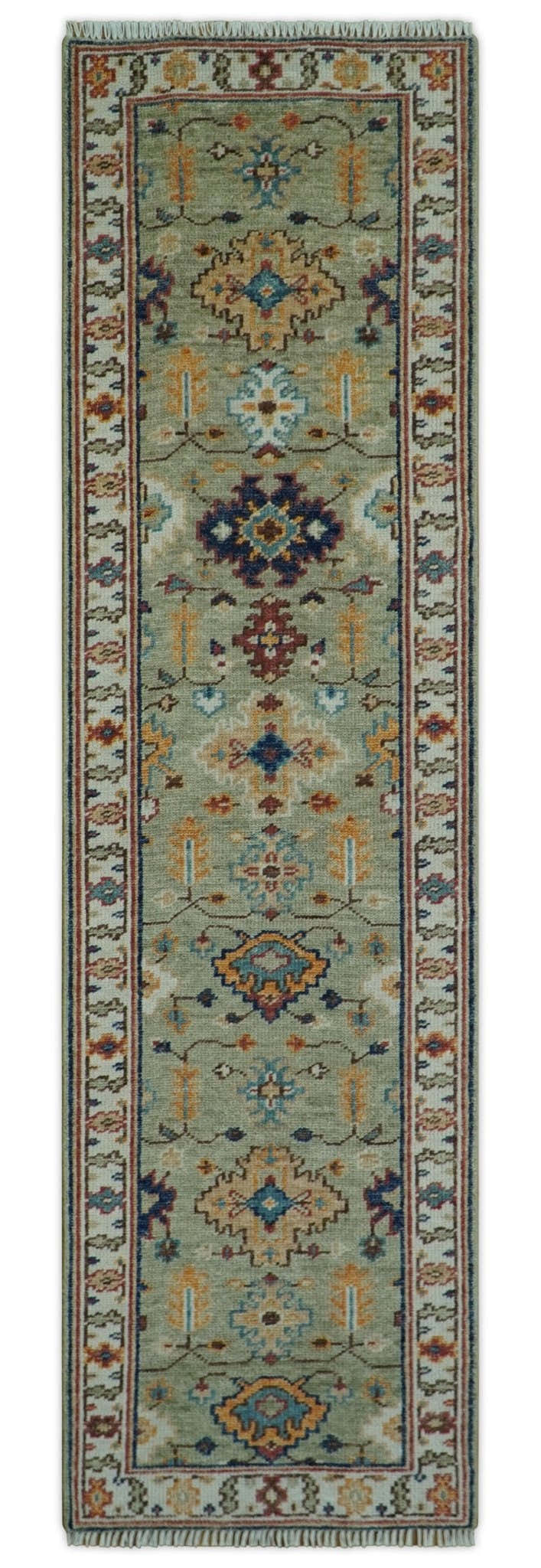 Turkish Knot Antique Green and Ivory Traditional Hand knotted Wool Rug