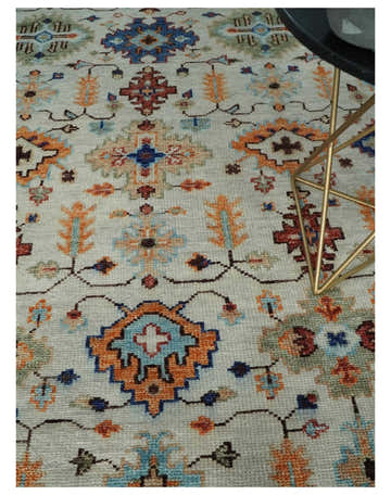 Turkish Knot Ivory and Green Colorful Traditional Multi Size Hand knotted Oushak Rug