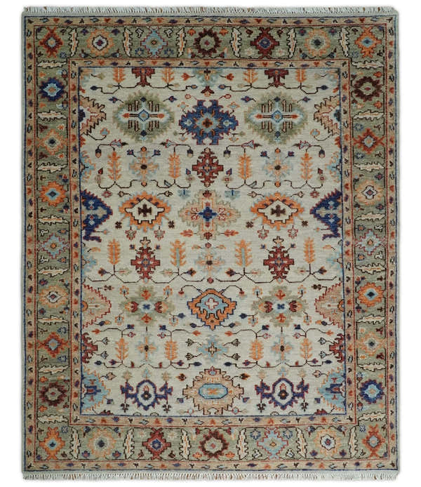 Turkish Knot Ivory and Green Colorful Traditional Multi Size Hand knotted Oushak Rug