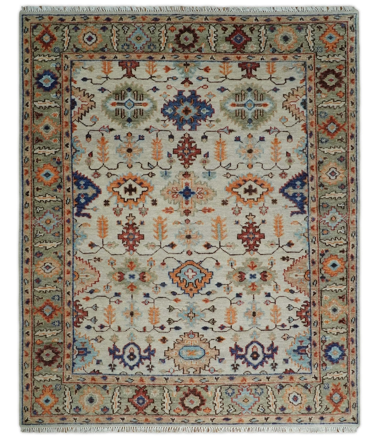 Turkish Knot Ivory and Green Colorful Traditional Multi Size Hand knotted Oushak Rug