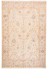 Close-up of the hand-knotted Rizzy TUS713 area rug. Beige wool rug with traditional floral pattern in blue, orange, red, and yellow. Design-Rectangle