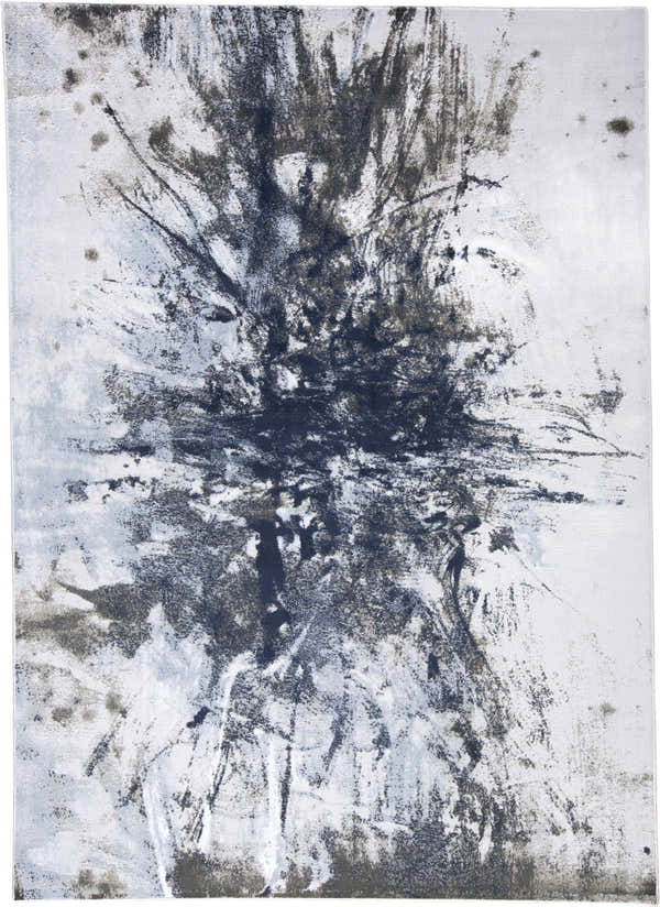Feizy Gaspar rug close-up. Modern abstract design with distressed splatter in blue, gray, and white. Design-Rectangle