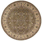 Close-up of the round, mushroom-colored Nourison 2000 Traditional area rug with floral and vine pattern. Handmade wool rug.