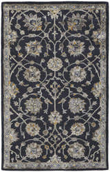 Close-up of the Feizy Prescott rug. Traditional floral design in blue, silver, and gray on a dark background. Hand-tufted texture. Design-Rectangle