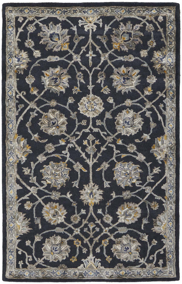 Close-up of the Feizy Prescott rug. Traditional floral design in blue, silver, and gray on a dark background. Hand-tufted texture. Design-Rectangle