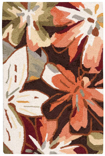 Close-up of the Nourison Fantasy Multicolor Rug, featuring a floral design with orange, white, and green hues on a brown background.