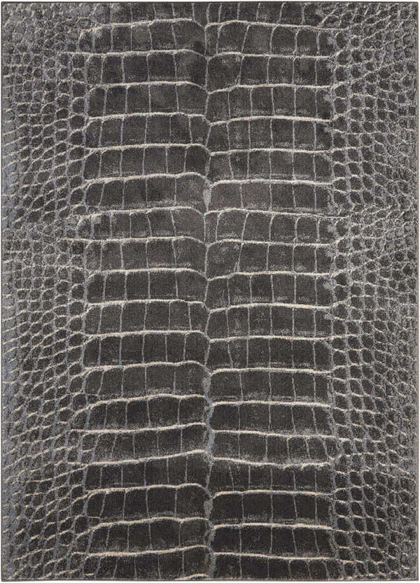 Close-up of the Nourison Maxell Charcoal rug featuring a faux crocodile skin pattern in taupe and charcoal.