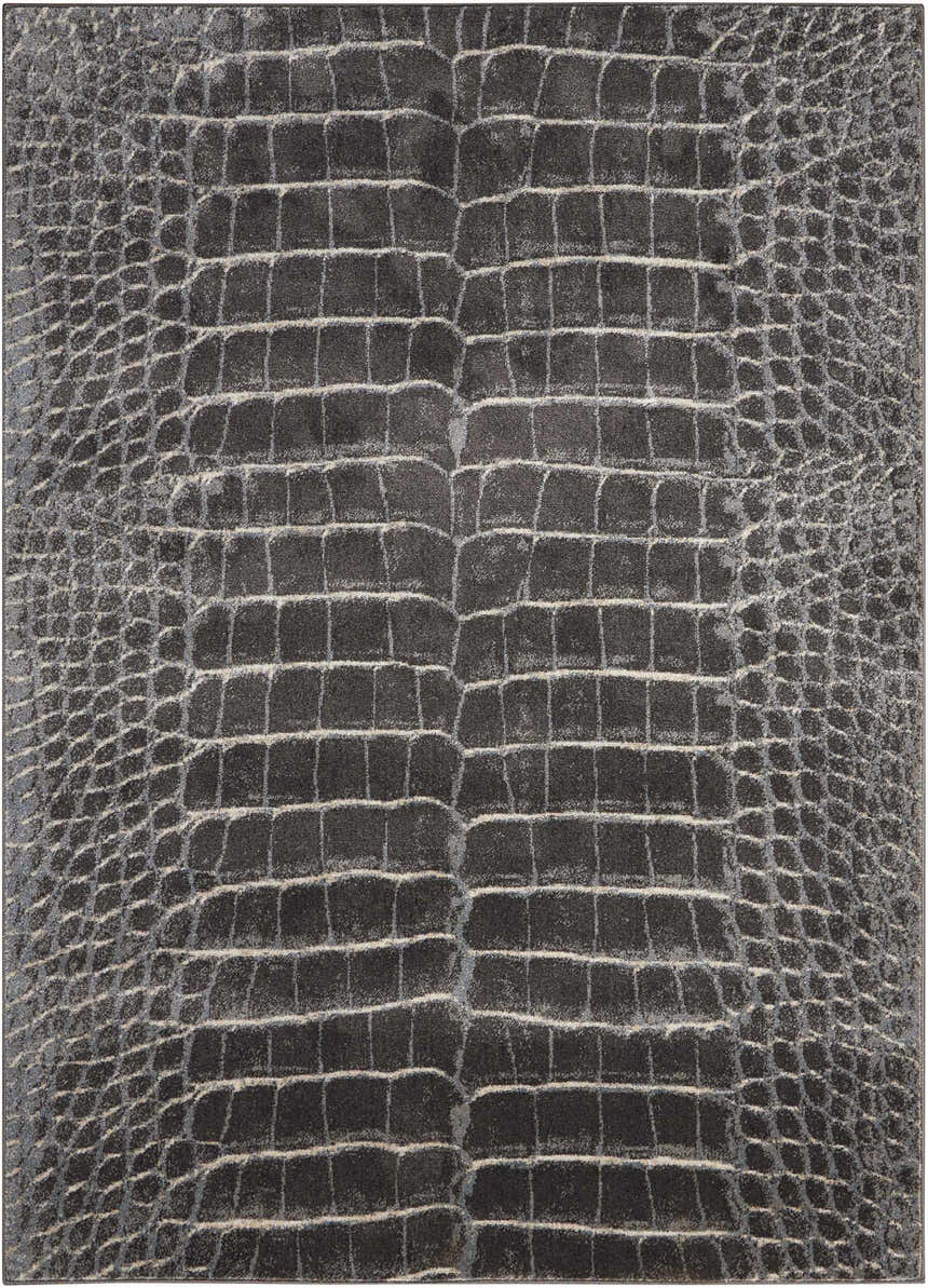 Close-up of the Nourison Maxell Charcoal rug featuring a faux crocodile skin pattern in taupe and charcoal.