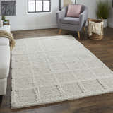 Living room with a Feizy Berkeley ivory and gray wool area rug, white sofa, and gray armchair. Roomscene-Rectangle