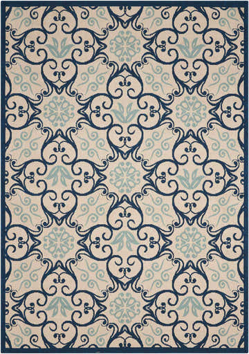 Close-up of the Nourison Caribbean Ivory Navy rug featuring a contemporary floral and scroll pattern.