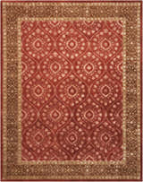 Handmade Nourison Symphony Ruby Area Rug with a traditional floral and diamond pattern in ruby red and brown.