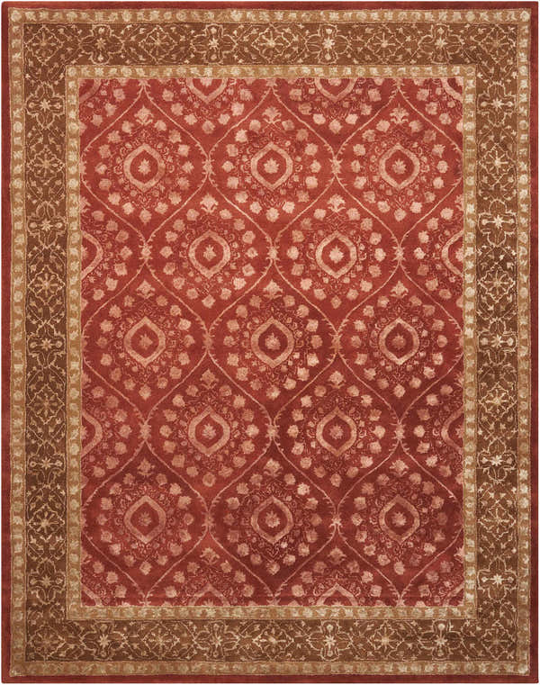 Handmade Nourison Symphony Ruby Area Rug with a traditional floral and diamond pattern in ruby red and brown.