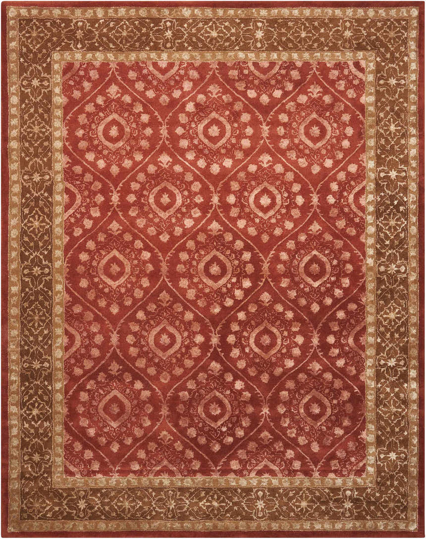Handmade Nourison Symphony Ruby Area Rug with a traditional floral and diamond pattern in ruby red and brown.