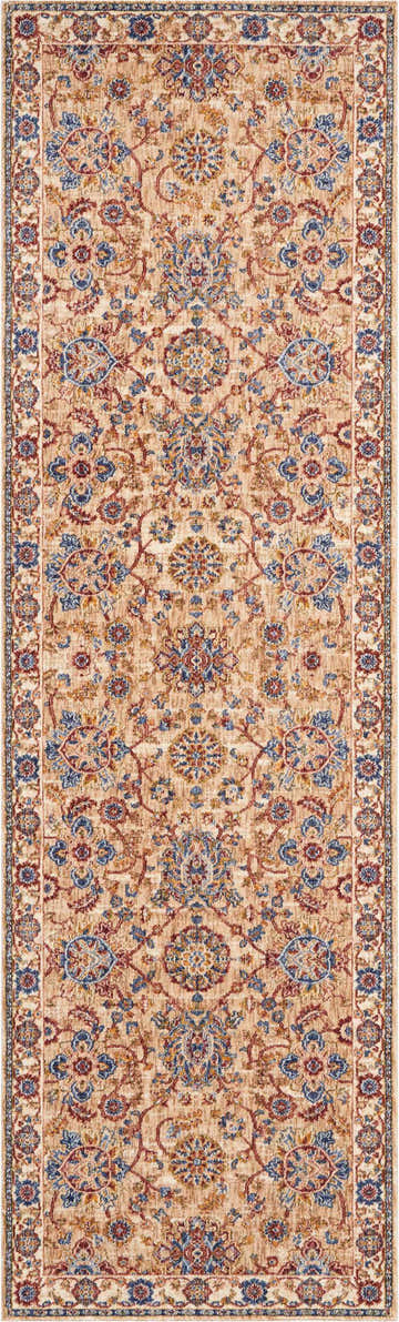 Close-up of Nourison Lagos Natural Persian rug. Brick red and blue floral pattern on a beige background. Runner rug.