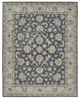 Feizy Eaton Traditional Oriental rug in blue, gray, and taupe with a floral pattern and decorative border. Design-Rectangle