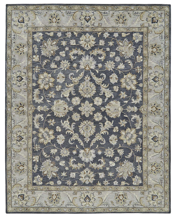 Feizy Eaton Traditional Oriental rug in blue, gray, and taupe with a floral pattern and decorative border. Design-Rectangle