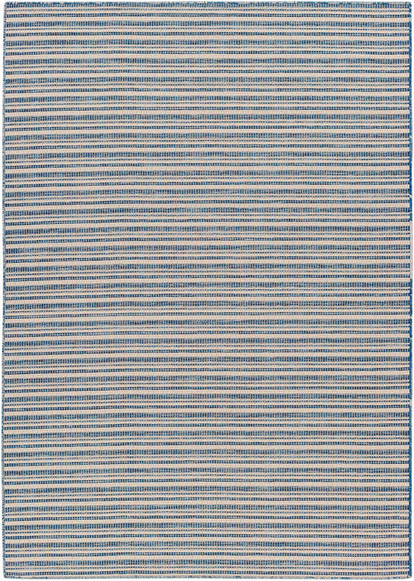 Close-up of Greg Navy Area Rug showcasing a horizontal striped pattern in blue and natural tones. Machine woven texture. Design-Rectangle-517