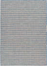 Close-up of Greg Navy Area Rug showcasing a horizontal striped pattern in blue and natural tones. Machine woven texture. Design-Rectangle-517