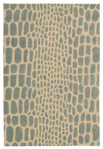 Close-up of the Michael Amini Zambiana Aqua rug. Eclectic design with an aqua reptile print on a beige wool background.