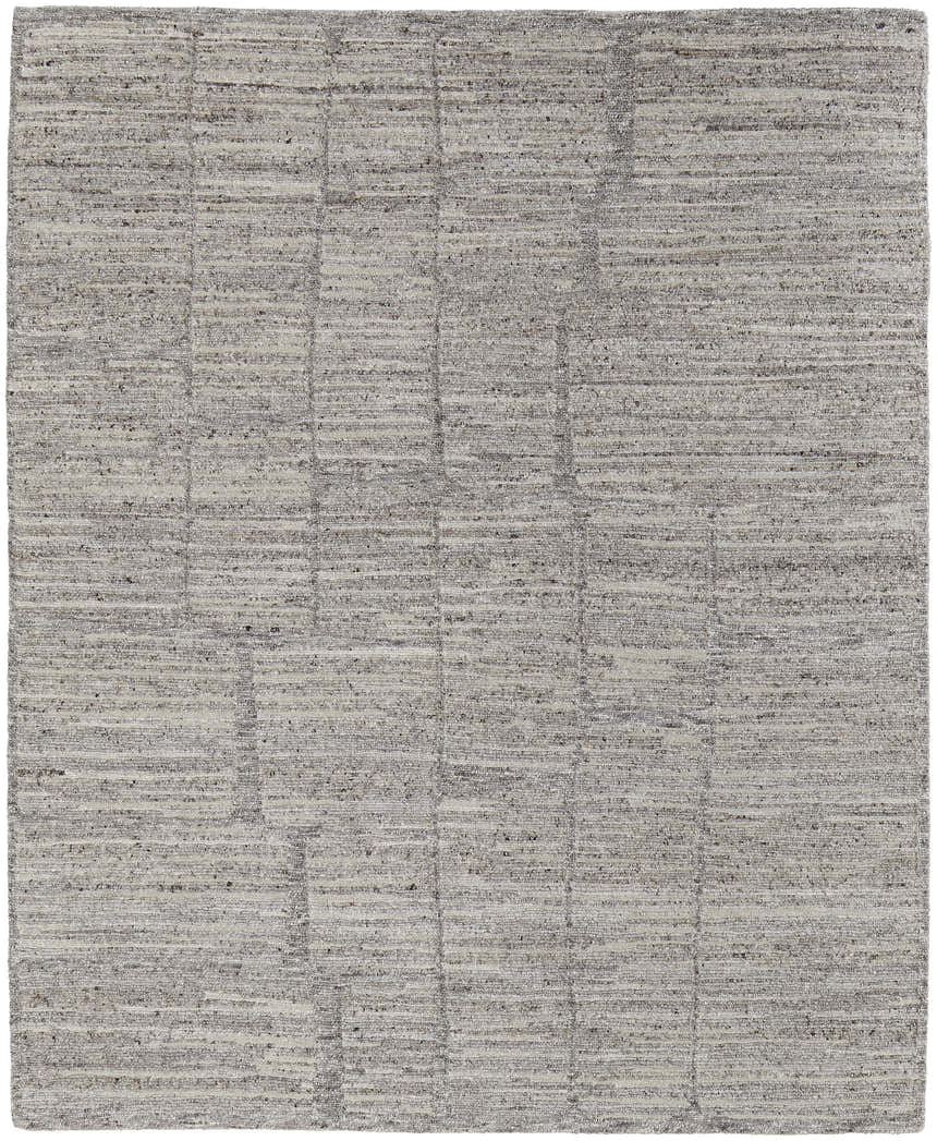 Close-up of the Feizy Navaro rug; gray, ivory, and taupe wool and viscose with a subtle abstract pattern. Design-Rectangle