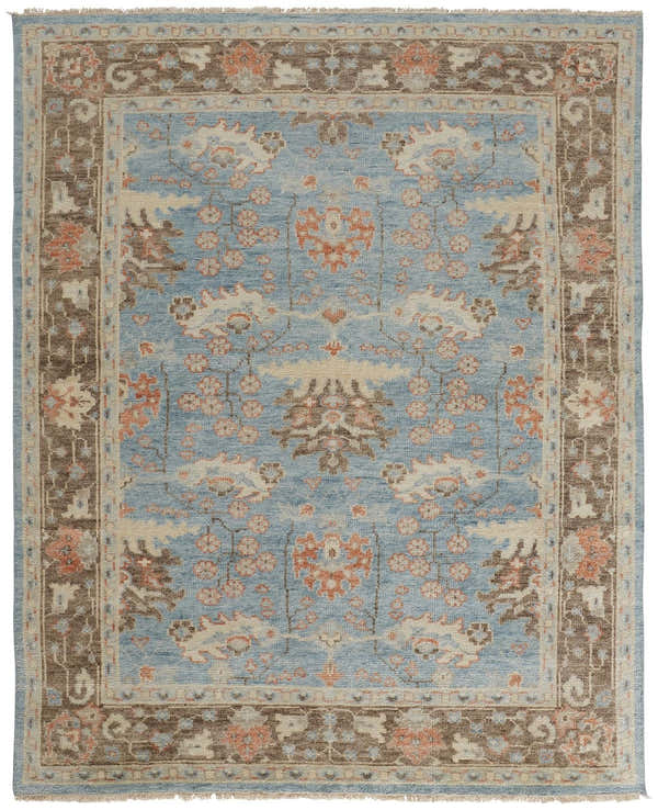 Detailed Feizy Beall Traditional Oriental rug. Hand-knotted wool rug in blue, brown, and dark red with a classic floral pattern. Design-Rectangle