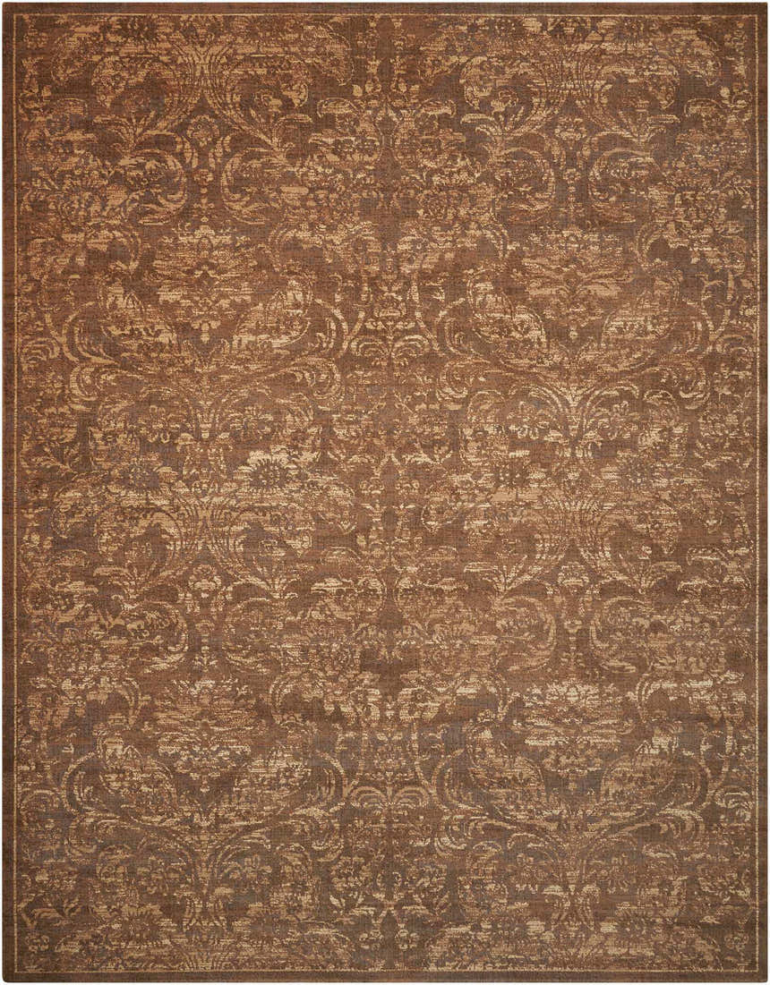 Close-up of the Nourison Silken Allure Chocolate Persian rug, showcasing its brown tones and intricate floral design.