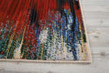 Close-up of the modern Nourison Chroma Crimson Tide rug, featuring abstract red, blue, and black vertical patterns.