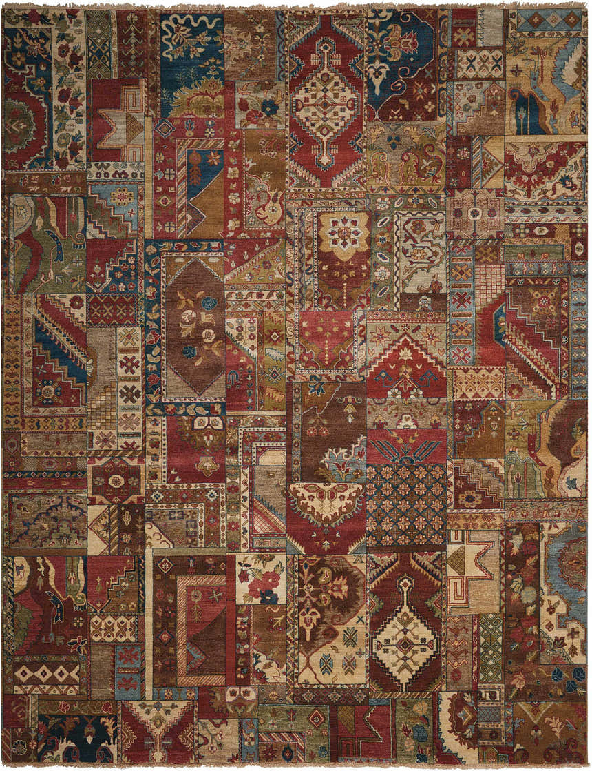 Detailed Nourison Legend Multicolor Persian rug. Handmade wool rug with red, blue, and brown patchwork design.