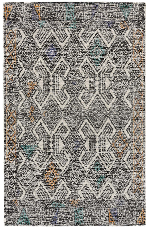 Close-up of Feizy Arazad rug. Black, ivory, and green geometric pattern. Hand-tufted texture. Transitional style. Design-Rectangle