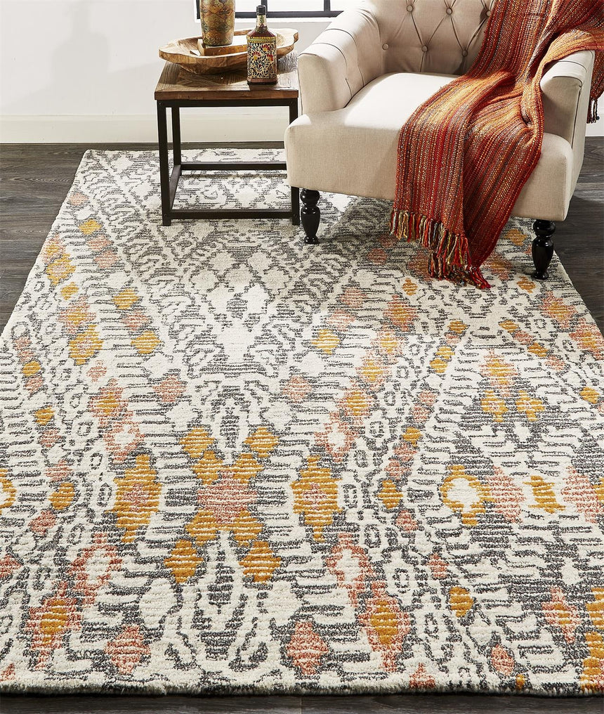 Feizy Arazad Transitional Geometric - Gray/Ivory/Orange Area Rug
