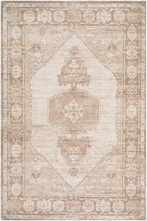 Close-up of Kaylee Area Rug with traditional beige, cream, and taupe patterns and hand-tufted texture. Design-Rectangle-576